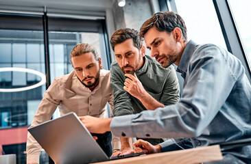 Wall Mural - Group of  business people, engage in a discussion as they read a financial report together on a laptop. Confident business professionals working together in a modern finance company.