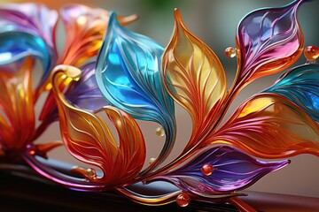 Poster - Colorful glass leaves delicately arranged in an artistic sculpture, showcasing intricate craftsmanship, vibrant colors, and detailed texture under daylight