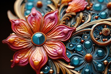 Poster - An intricately designed handcrafted ornament showcases vibrant floral patterns and colors in detailed close-up, illuminated by natural daylight