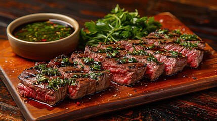 Wall Mural - Sliced flank steak cooked medium on a charcoal grill on a dark background. Top view