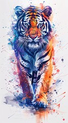  Vertical watercolor portait painting of tiger multicolor design