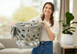 Laundry, basket or portrait of happy woman in house for spring cleaning, clothes or housework. Fabric, service or face of cleaner with fresh washing at home for hygiene, safety or bacteria prevention