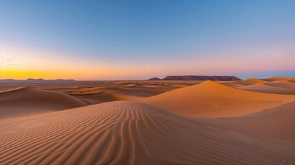 Wall Mural - Panoramic view of golden sunset rays over vast sand dunes
