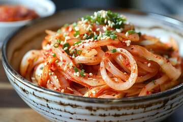 Wall Mural - Kimchi made with bunching onion and bean sprouts, is a traditional fermented Korean side dish made of vegetables with a variety of seasonings.