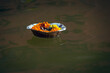 Isolated image of a floating lamp with flowers and candle offered to holy river Ganges at Varanasi Ghats.