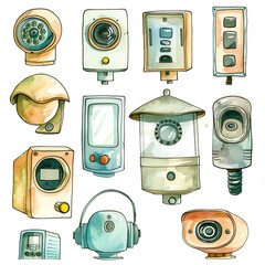 Minimalistic watercolor illustration of home security systems on a white background, cute and comical.