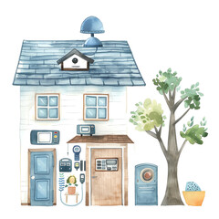 Minimalistic watercolor illustration of home security systems on a white background, cute and comical.