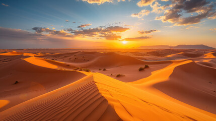 Wall Mural - Panoramic view of golden sunset rays over vast sand dunes