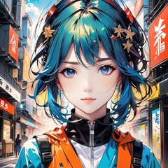 Wall Mural - portrait of an anime-girl, and street view with poster