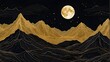 The mountains are outlined in golden lines, with a bright moon in the space between them and a black background. The mountains create an ethereal, flowing slope pattern that gives the impression of...