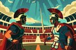 Two armored warriors confront each other in an ancient coliseum, representing conflict and competition of olden times.