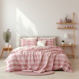 Fototapeta Uliczki - b'A cozy pink and white bedroom with a gingham duvet cover and a round pink rug'