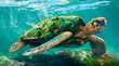 Underwater illustration of a loggerhead sea turtle with moss on its shell 