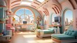 b'Cozy futuristic home interior with city view'