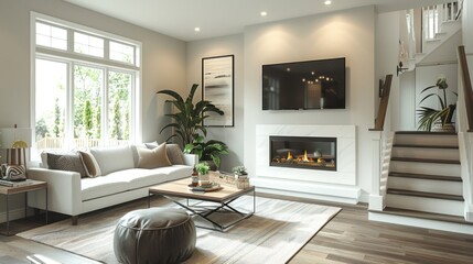 Wall Mural - A cozy living room with a fireplace, TV, and comfortable seating