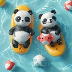 Wall Mural - b'Two cute cartoon pandas are floating on the water with beach balls'