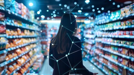 A woman is shopping in a grocery store with a computer generated image of her head. The image is blurry and has a futuristic feel to it