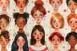 b'A diverse group of women with different skin tones, hair colors, and eye colors.'