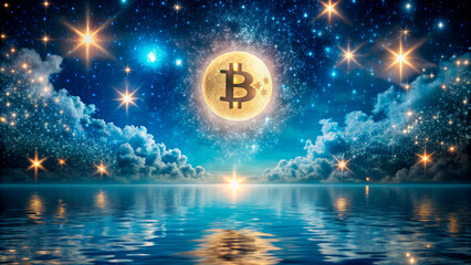 Wall Mural - Landscape with moon and bitcoin sign