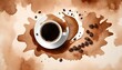 Watercolor wallpaper with a cup of coffee and coffee beans.