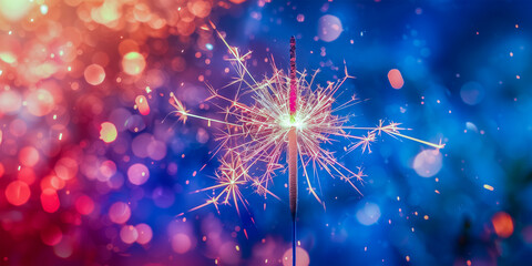 Wall Mural - Abstract background, banner. A burning sparkler on the background of the neon national American flag. The concept of celebrating U.S. Independence Day on July 4th.