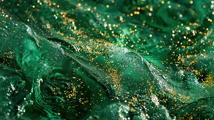 Wall Mural - Abstract green background with golden sparkles. Photo of a green liquid with different depth of field and gold glitters. Different shades of green with golden splashes