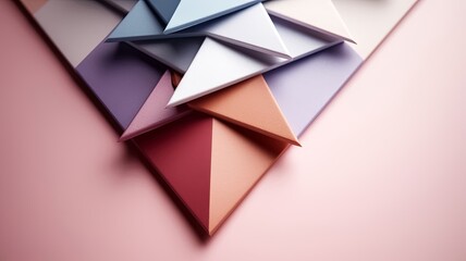 Wall Mural - featuring triangle-shaped multicolor sticky notepads arranged on a stage, set against a backdrop of simple elegance.