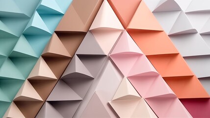 Wall Mural - featuring triangle-shaped multicolor sticky notepads arranged on a stage, set against a backdrop of simple elegance.