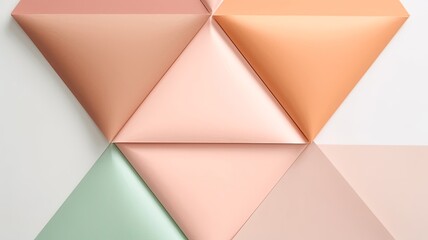 Wall Mural - featuring triangle-shaped multicolor sticky notepads arranged on a stage, set against a backdrop of simple elegance.