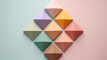 Wall Mural - featuring triangle-shaped multicolor sticky notepads arranged on a stage, set against a backdrop of simple elegance.