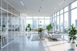 bright modern open space office with panoramic city view interior design 3d rendering