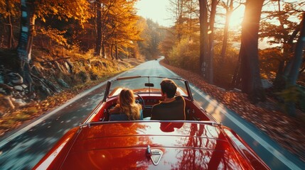 Young couple going on vacation trip using old classic cabriolet car on asphalt road during autumn warm light afternoon.