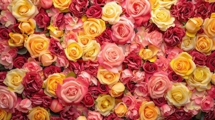 Canvas Print - The pink backdrop adorned with vibrant yellow and red roses sets the perfect stage for occasions like birthdays Valentine s Day Mother s Day weddings and engagements