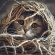 Cat tangled in a ball of yarn, looking bewildered, cozy room