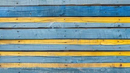 Sticker - Blue and yellow painted wooden boards. Bright wooden textured background. A wall of alternating blue and yellow wooden planks arranged horizontally