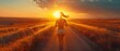 Silhouette of a woman running at sunset on a road. Concept Sunset Silhouette, Running Woman, Road Background, Outdoor Exercise, Fitness Inspired