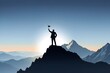 © maxnyc - businessman at top of the mountain with holding flag and celebrating business success, achievement and business victory shadow illustration with copy space