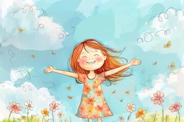 Wall Mural - cute little girl in colorful dress smiling under blue sky with fluffy clouds childrens illustration