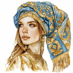 Poster - Watercolor Morocco woman wearing a blue and gold scarf with gold beads on her head