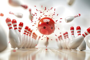 Poster - dynamic 3d bowling ball crashing into pins on vivid white background strike action shot