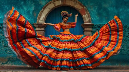 Movement of colorful skirts, traditional Mexican folk dance