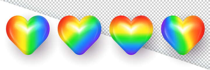 Set of 3d glossy bright multicolored hearts for Pride month. Three dimensional colorful heart shape badge, label, sticker or icon with gradient LGBTQ+ rainbow flag pattern on transparent background