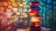 Stacked book lamp tower, colorful covers, dimly lit room, angular shot, subtle shadow play,