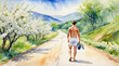 Back side of athlete men shirtless walking on a country road surrounded by flowers blossom, watercolor painting style, generative AI.