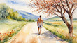 Back side of athlete men shirtless walking on a country road surrounded by flowers blossom, watercolor painting style, generative AI.
