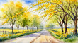 The road in countryside surrounded by yellow flowers blossom on both side, watercolor painting style, generative AI.