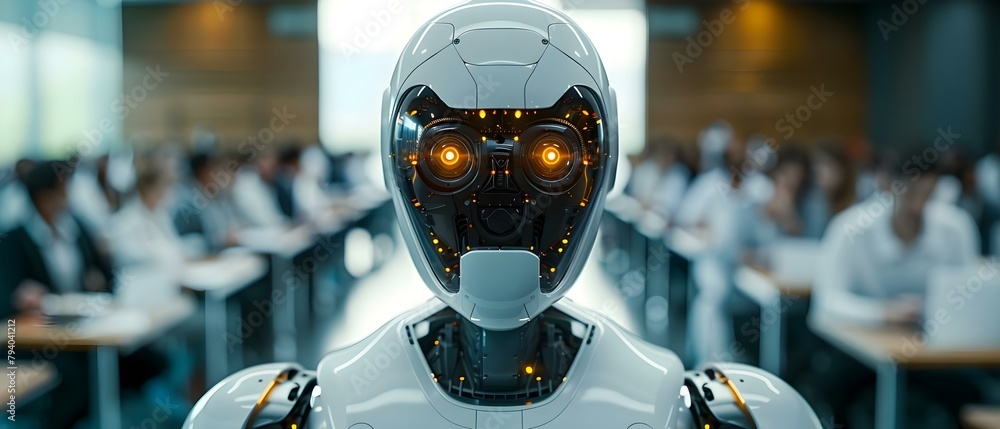 Humanoid robot competes with humans in a job interview setting. Concept Artificial Intelligence, Human vs Machine, Job Interview, Robotics, Future of Work