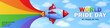 Pride Month panoramic banner with 3d cartoon rocket and colorful bright rainbow in the pure sky with text - World Pride Day. Template of header, billboard with cute spaceship and LGBT rainbow flag