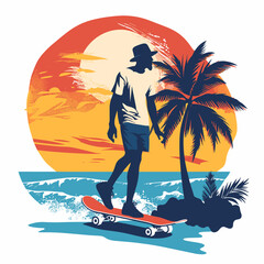 Wall Mural - A man is riding a skateboard on a beach near a palm tree