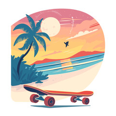 Wall Mural - A red skateboard is sitting on the sand near a palm tree